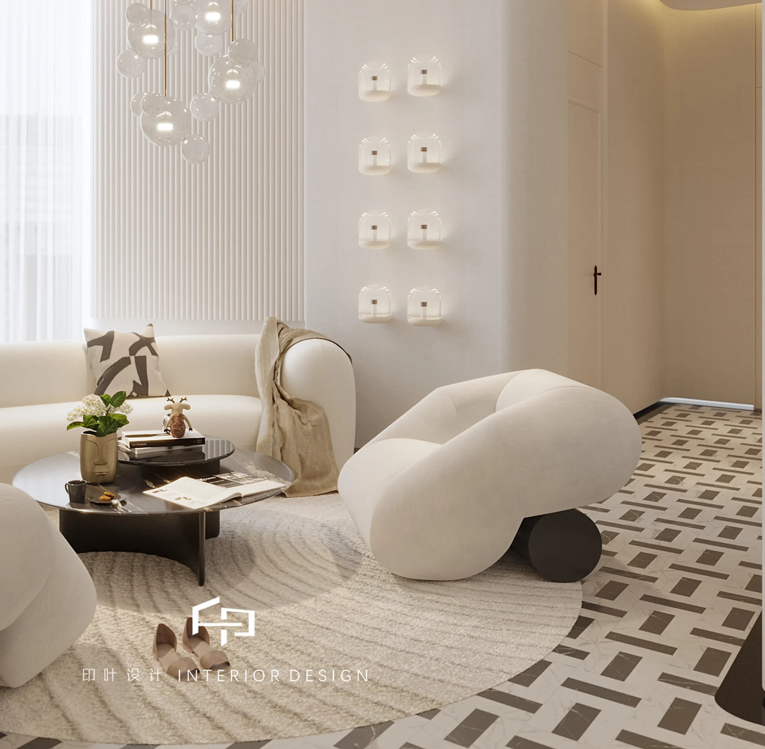 Origami Armchair with bold geometric forms, fully upholstered on a lacquered cylindrical base, combining sculptural elegance and comfort for contemporary interiors