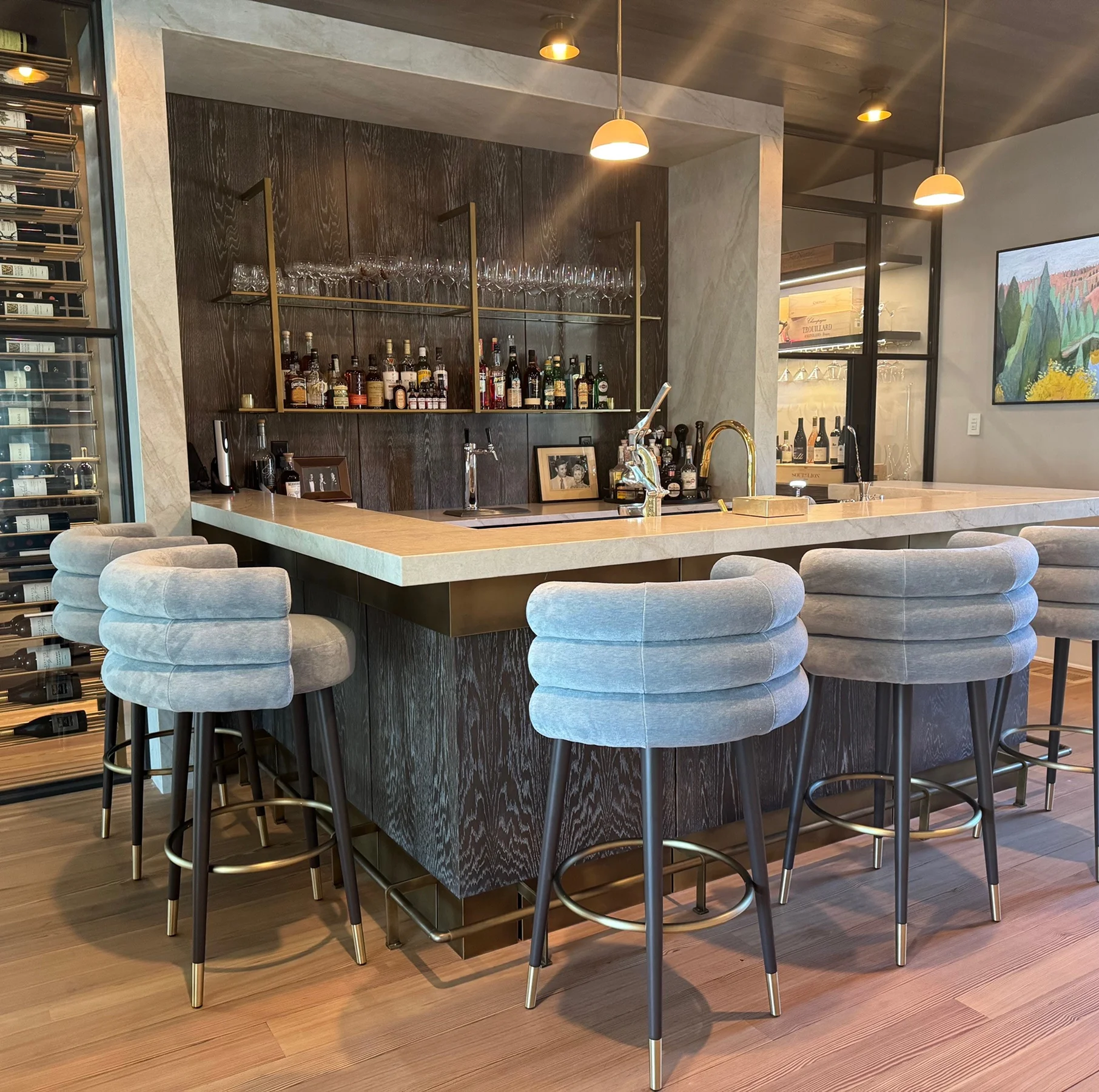 Marshmallow Bar/Counter Stool with three fully upholstered cylindrical rolls, brass cylinder footrest, lacquered or upholstered legs with brass bases, sculptural geometry, tactile comfort, and luxury materials for modern interiors