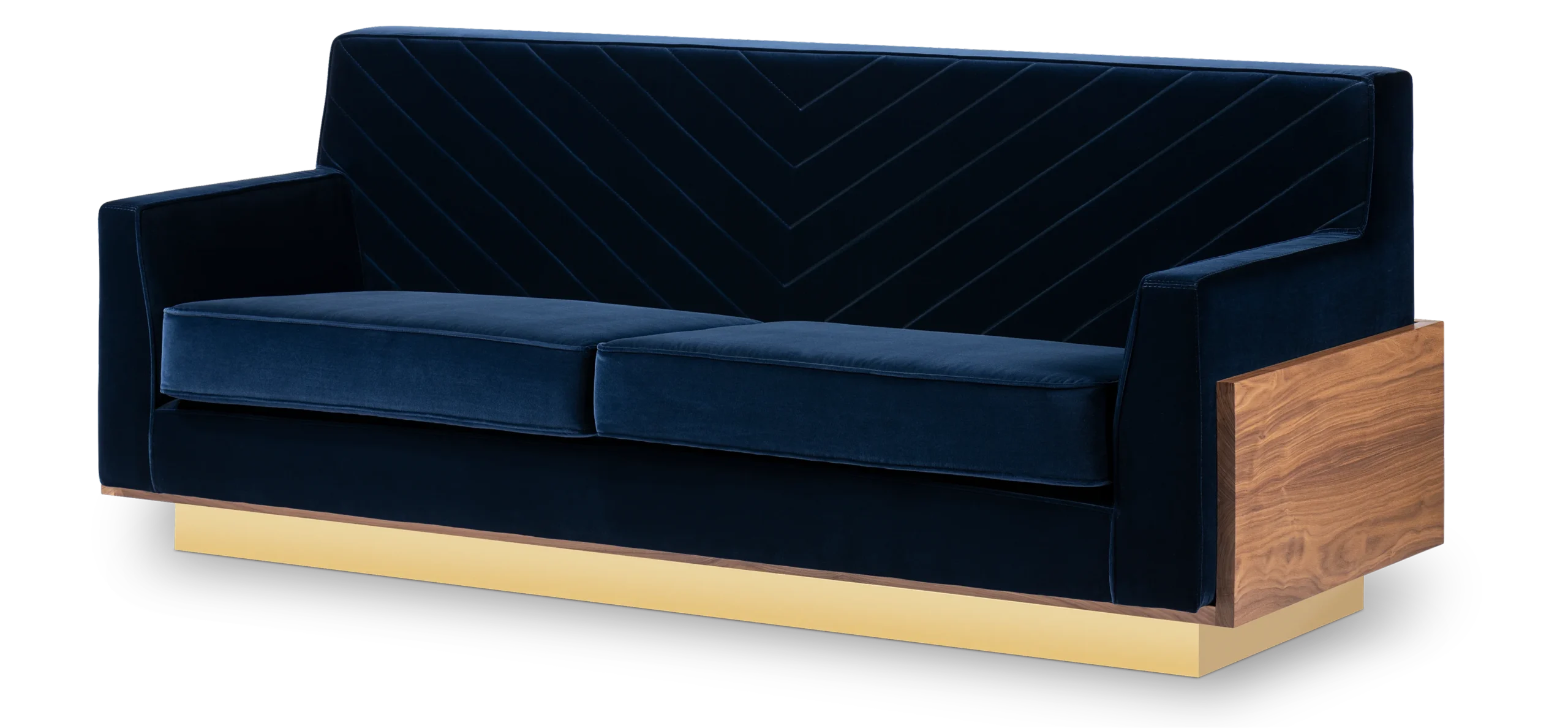 Afonso Sofa by Royal Stranger, luxury two-seater sofa with plush upholstery, wooden backrest and brass-trimmed base, combining comfort, elegance and modern design.