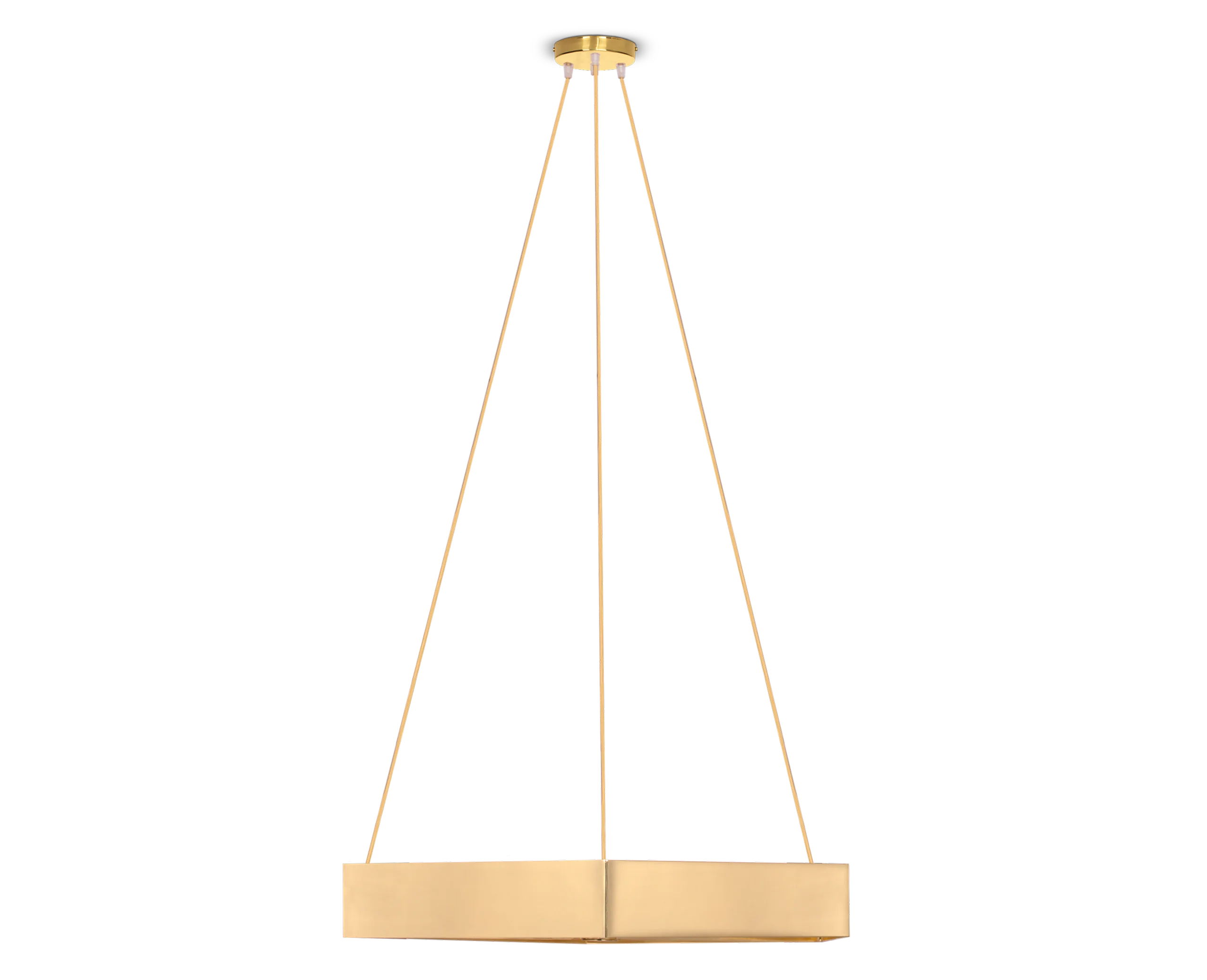 Honeybee Ceiling Lamp in brass with three hexagonal panels, elegant suspended wires, and masterful artisanal craftsmanship, ideal for luxury interiors.