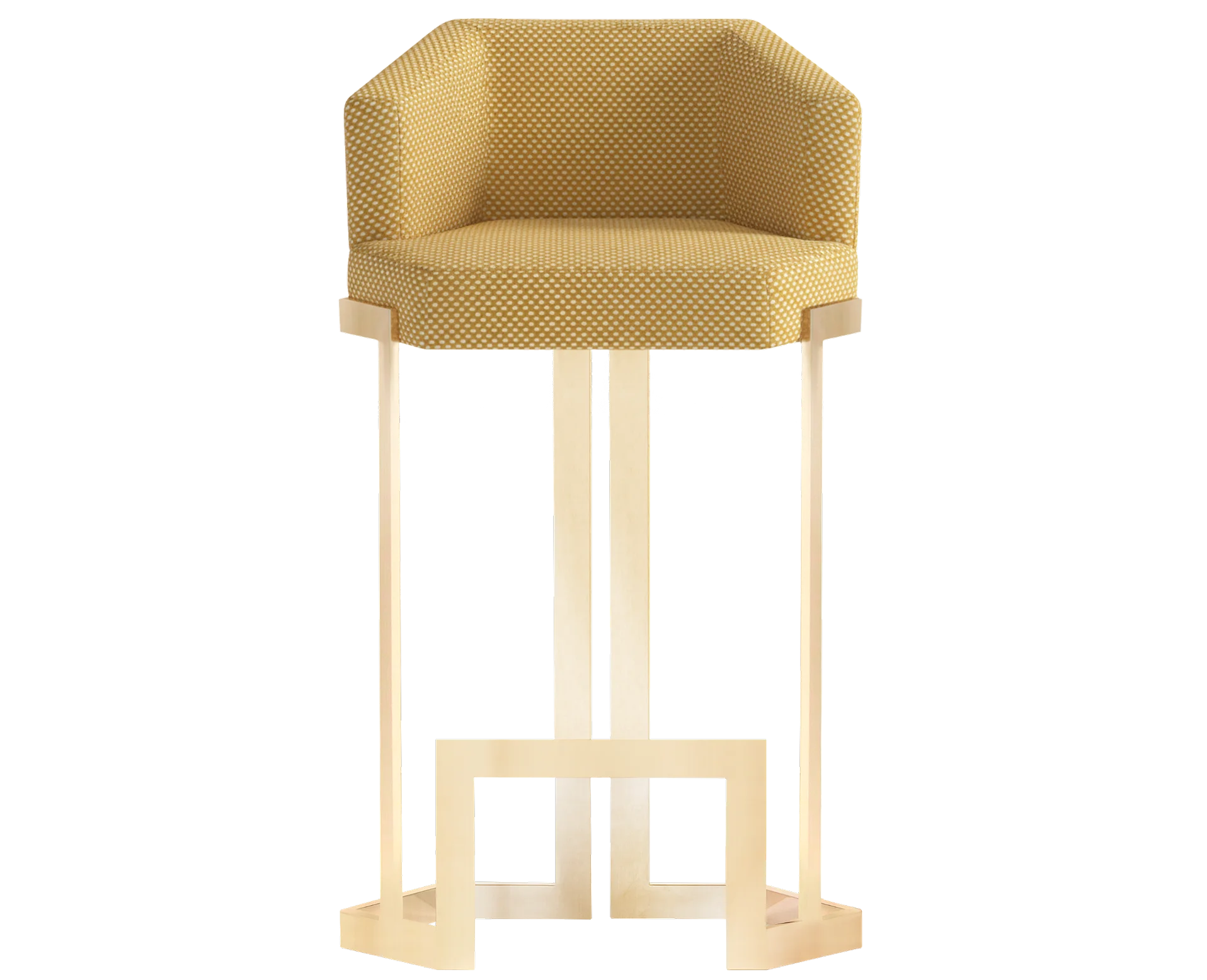 Hive Bar or Counter Stool with hexagonal upholstered seat, continuous brass legs, sculptural honeycomb-inspired geometry, bold form and luxury materials for high-end interiors