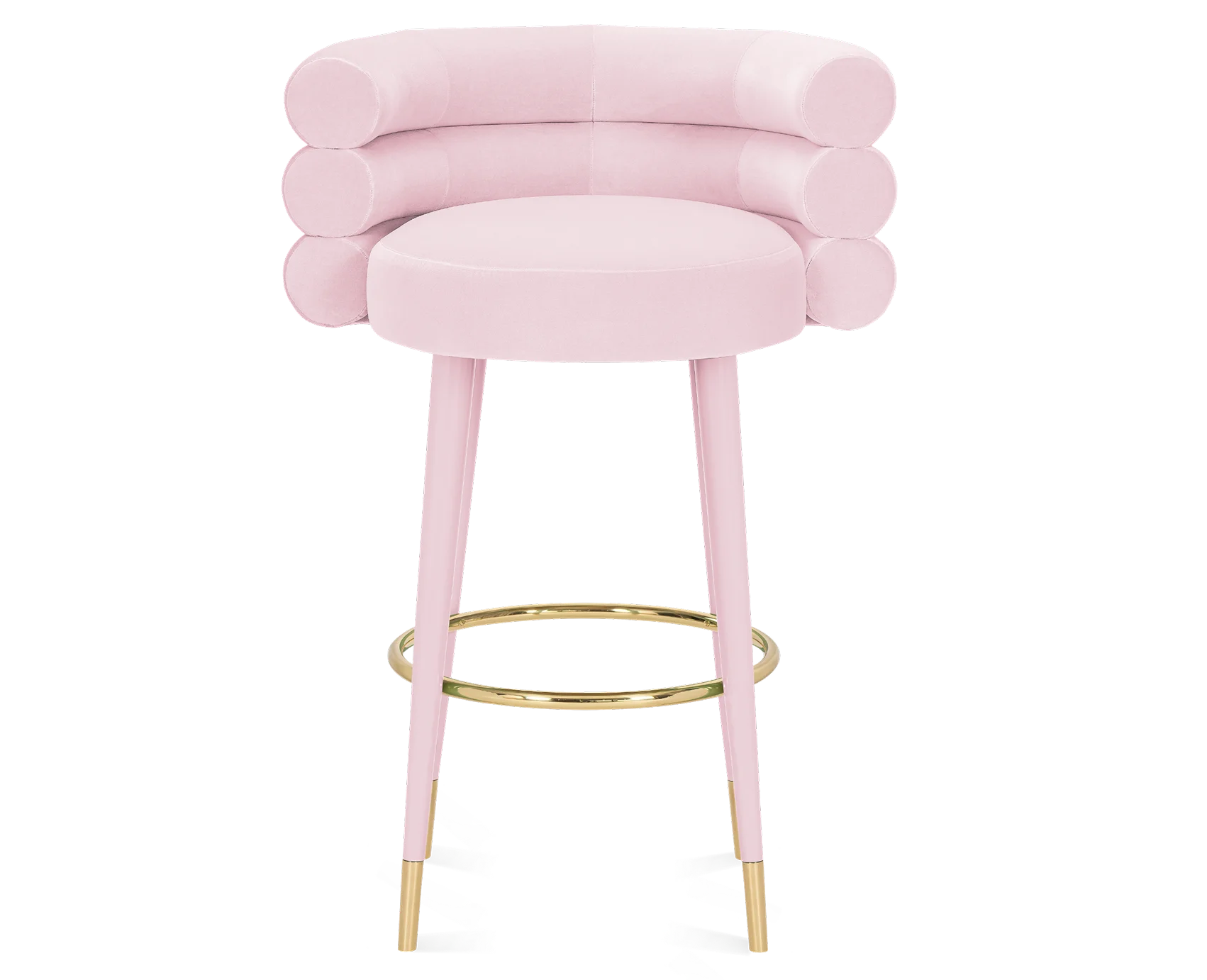 Marshmallow Bar/Counter Stool with three fully upholstered cylindrical rolls, brass cylinder footrest, lacquered or upholstered legs with brass bases, sculptural geometry, tactile comfort, and luxury materials for modern interiors