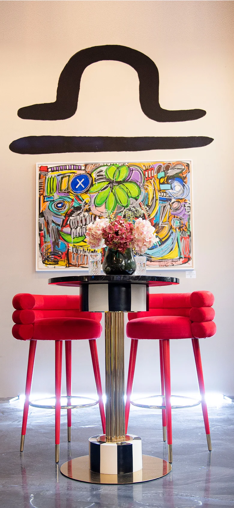 Marshmallow Bar/Counter Stool with three fully upholstered cylindrical rolls, brass cylinder footrest, lacquered or upholstered legs with brass bases, sculptural geometry, tactile comfort, and luxury materials for modern interiors