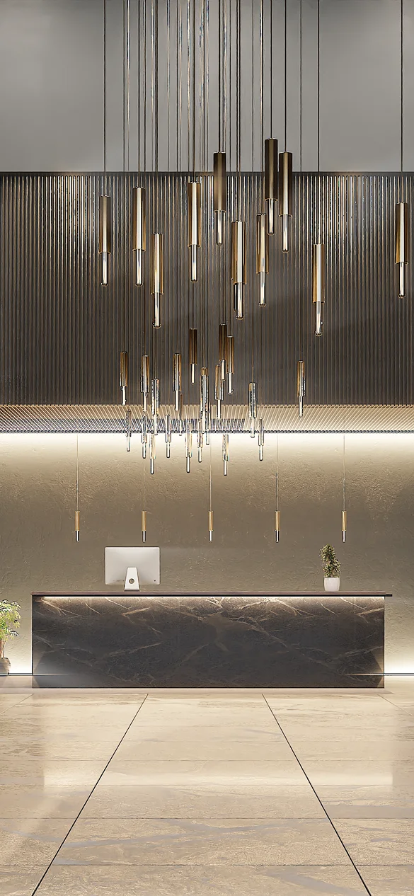 Lightrain Ceiling Lamp with sculptural brass structure, suspended cylinders, and elegant filament bulbs, creating a warm and artistic illumination for luxury interiors.