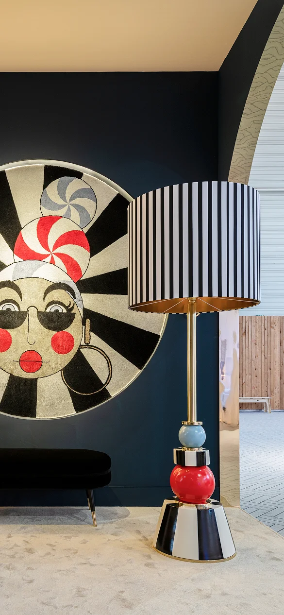 Valentina Floor Lamp with porcelain body, brass accents, and striped fabric lampshade, luxury designer lighting for elegant interiors