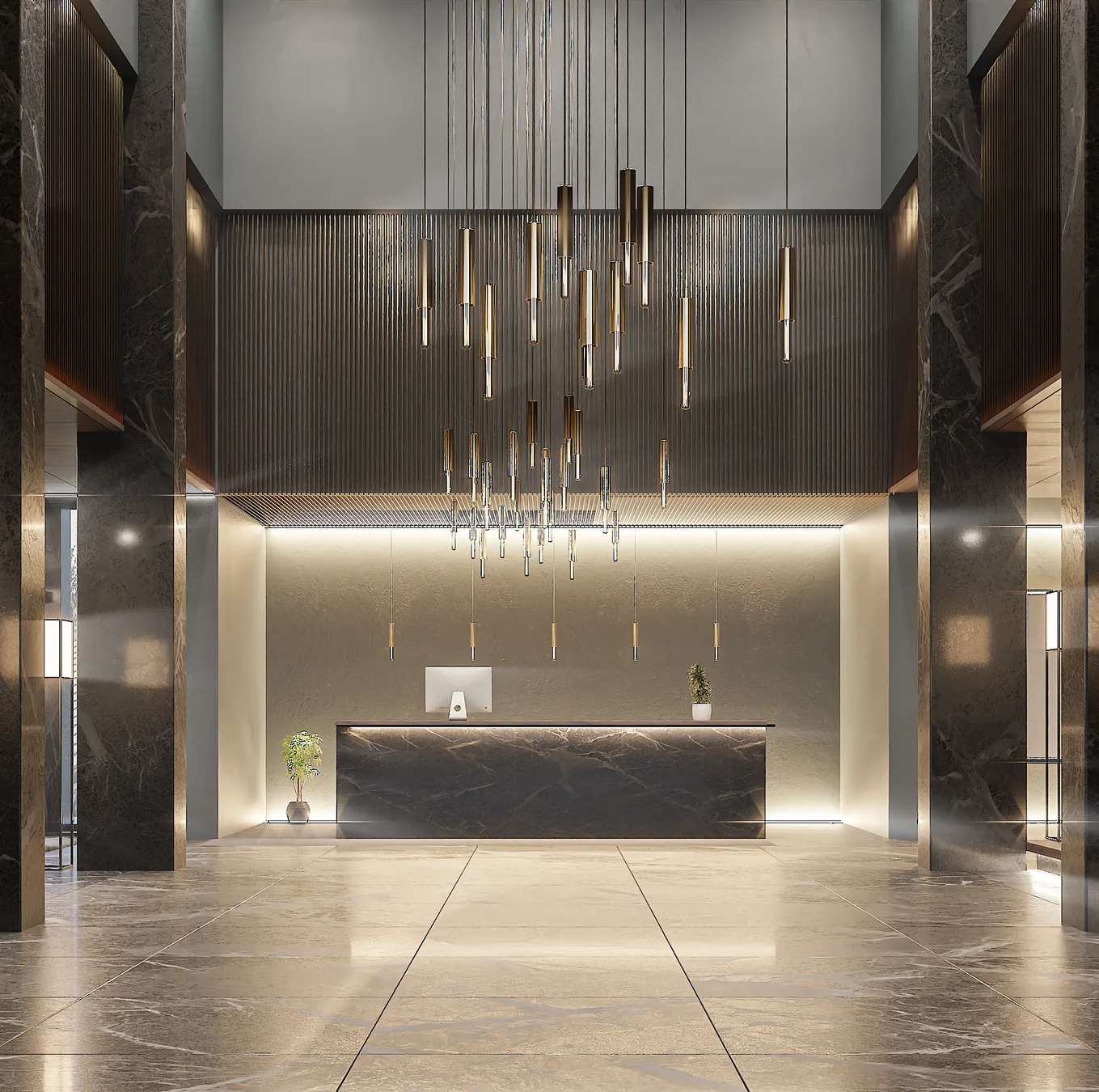 Lightrain Ceiling Lamp with sculptural brass structure, suspended cylinders, and elegant filament bulbs, creating a warm and artistic illumination for luxury interiors.