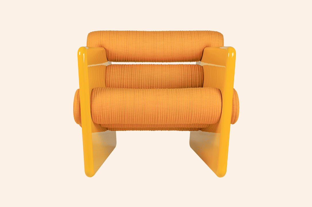 Charles Armchair with classic silhouette, two lacquered side legs, five upholstered rolls for seat and backrest, covered in premium fabrics, a statement piece for modern and high-end interiors