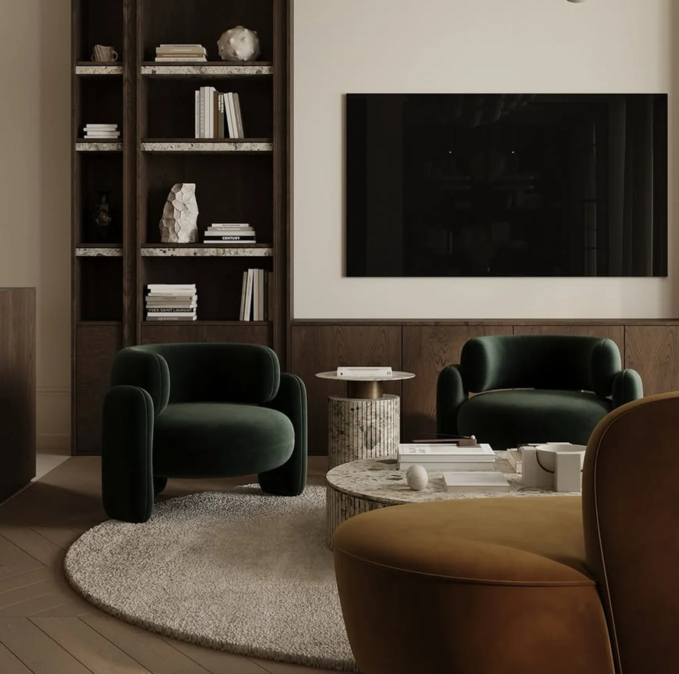 Fully upholstered armchair with rounded backrest, bold geometric curves, and three upholstered legs, elevating modern interiors with elegance and unique style