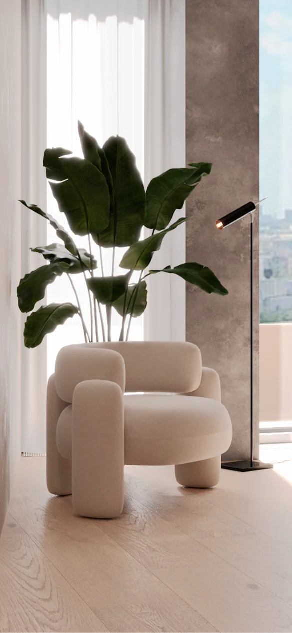 Fully upholstered armchair with rounded backrest, bold geometric curves, and three upholstered legs, elevating modern interiors with elegance and unique style