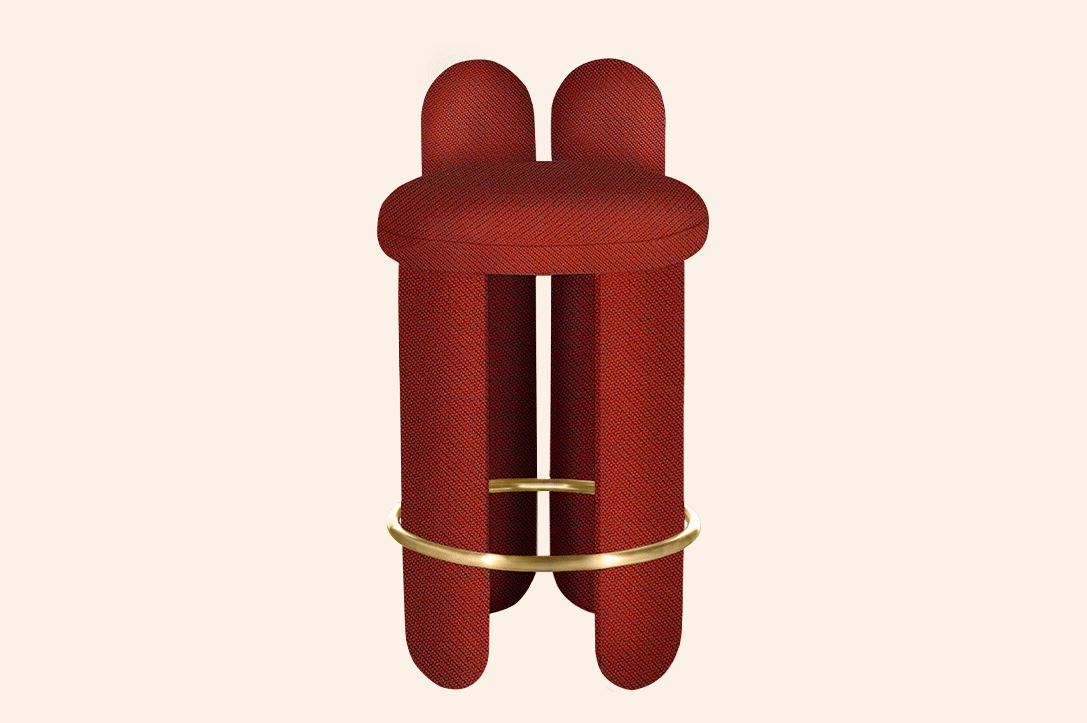 Luxury Glazy Bar Counter Stool with fully upholstered seat and legs, lacquered outer back, sculptural outer backrest with rounded “ears”, and brass ring connecting the legs for stability and elegance