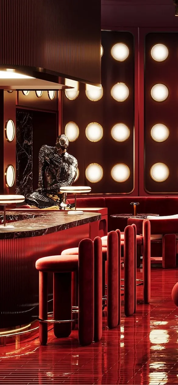 Luxury Glazy Bar Counter Stool with fully upholstered seat and legs, lacquered outer back, sculptural outer backrest with rounded “ears”, and brass ring connecting the legs for stability and elegance