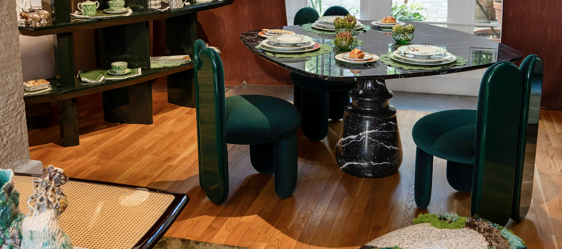 Glazy Chair with fully upholstered seat, legs, and inner backrest, lacquered outer backrest with sculptural “ear” design extending to the floor, bold form and luxury materials for high-end interior design