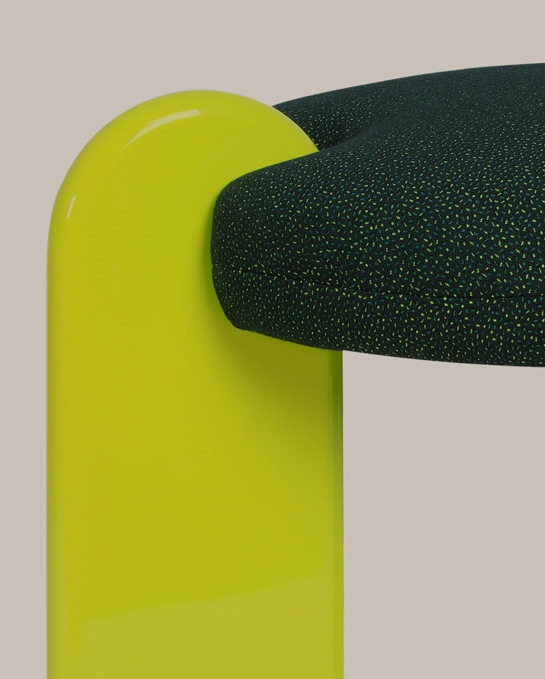 Glazy Stool with fully upholstered round seat, three legs, two upholstered and one lacquered in high gloss, wide base, sculptural designer stool with elegant curves for modern interiors.