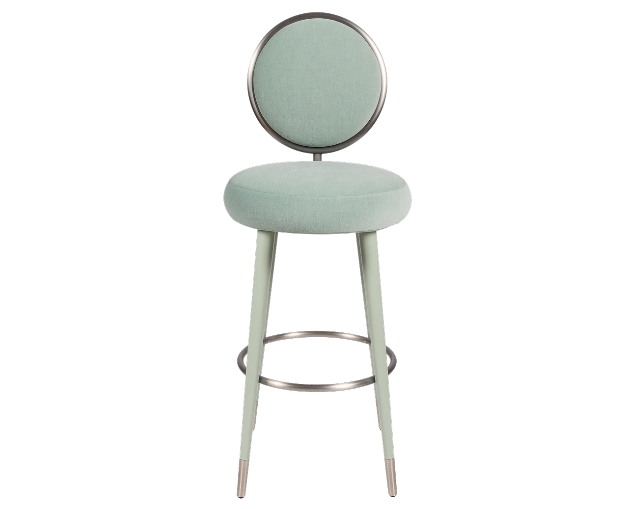 Graceful Bar or Counter Stool with fully upholstered seat and backrest, brass cylinder accent, lacquered or upholstered legs with brass-protected bases, designer piece for luxury interiors