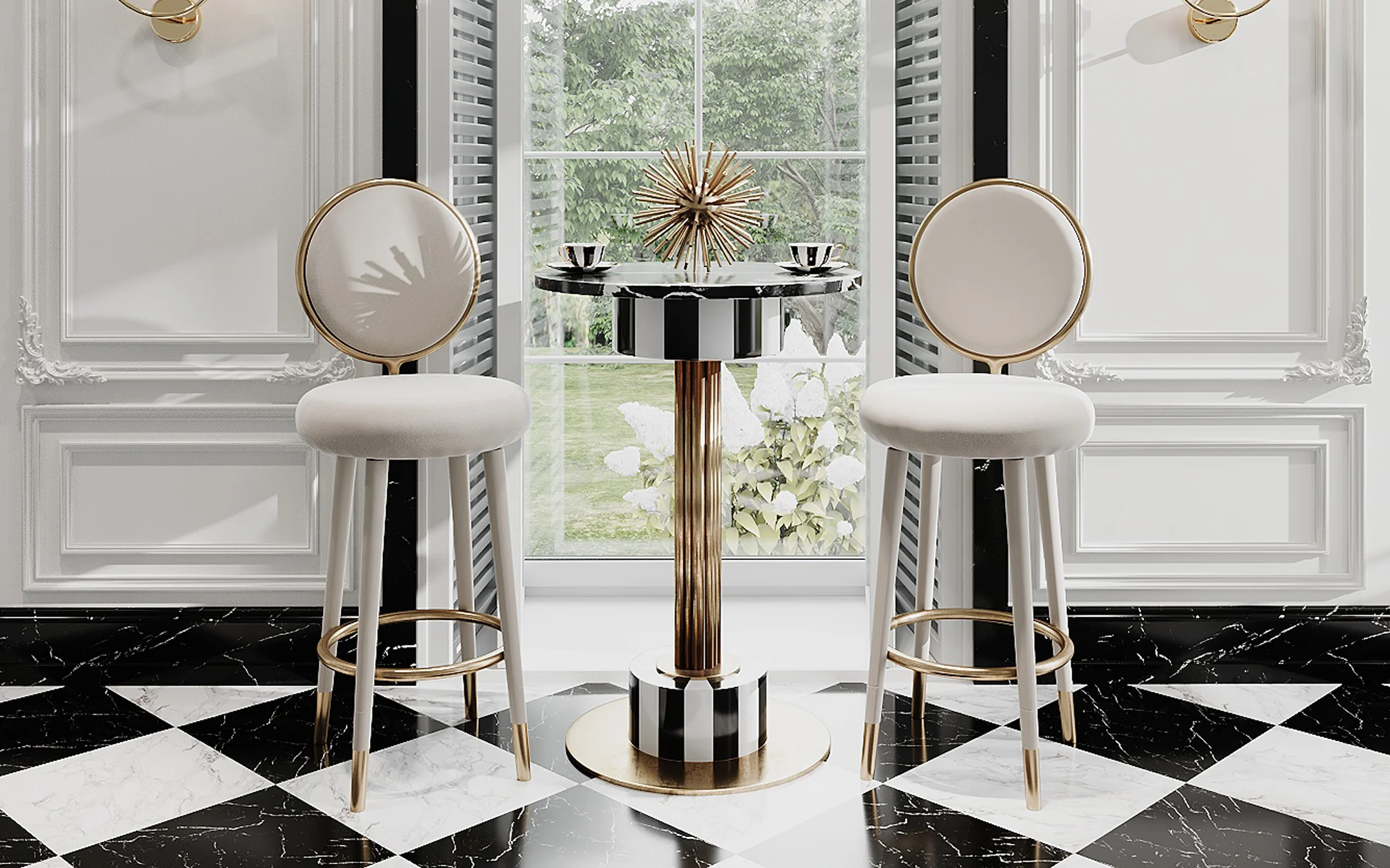 Graceful Bar or Counter Stool with fully upholstered seat and backrest, brass cylinder accent, lacquered or upholstered legs with brass-protected bases, designer piece for luxury interiors