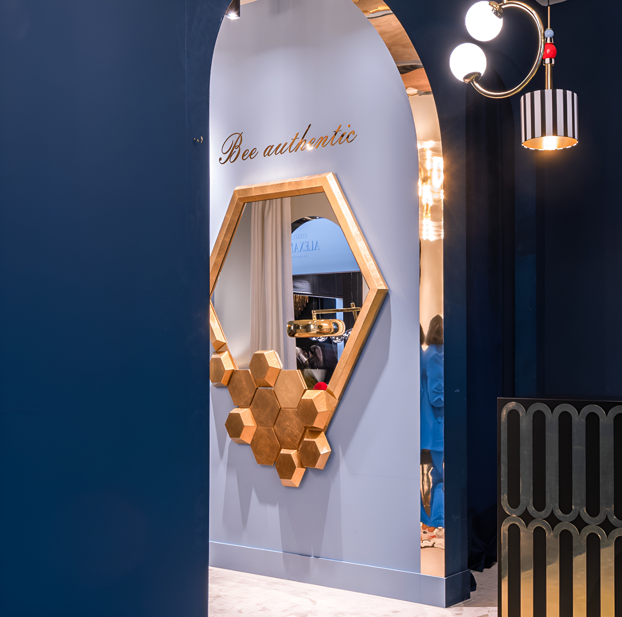 Luxury Honeycomb Wall Mirror with hexagonal gold-leaf frame, decorative designer mirror inspired by nature’s geometry for elegant modern interiors.