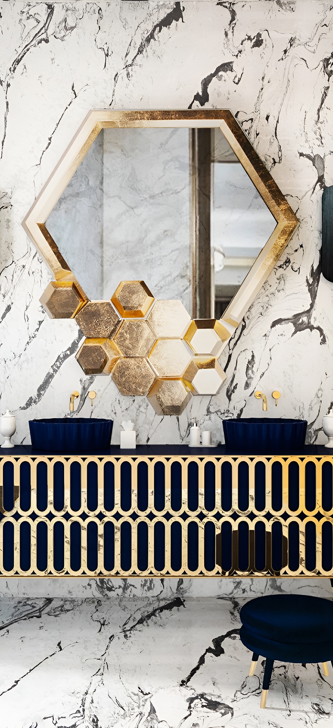 Luxury Honeycomb Wall Mirror with hexagonal gold-leaf frame, decorative designer mirror inspired by nature’s geometry for elegant modern interiors.