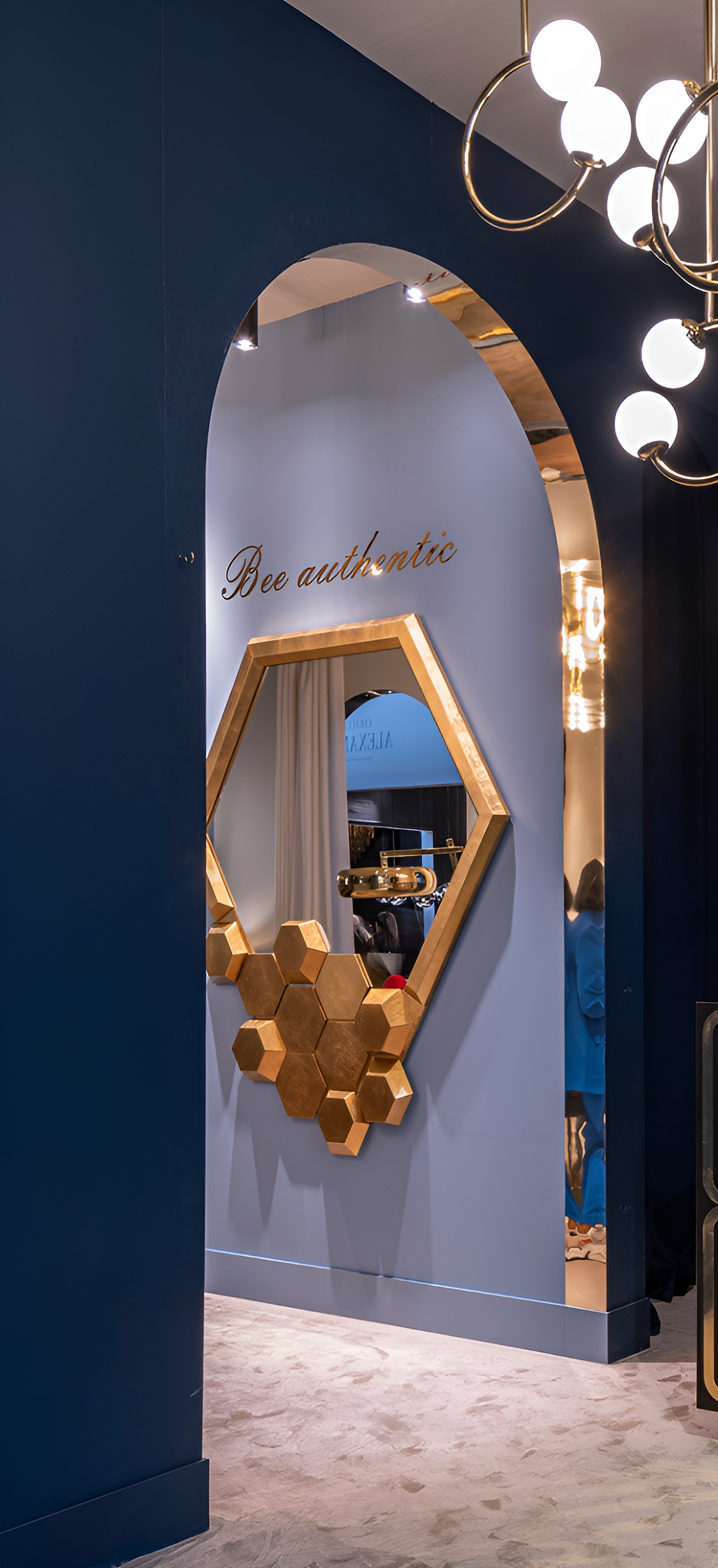 Luxury Honeycomb Wall Mirror with hexagonal gold-leaf frame, decorative designer mirror inspired by nature’s geometry for elegant modern interiors.