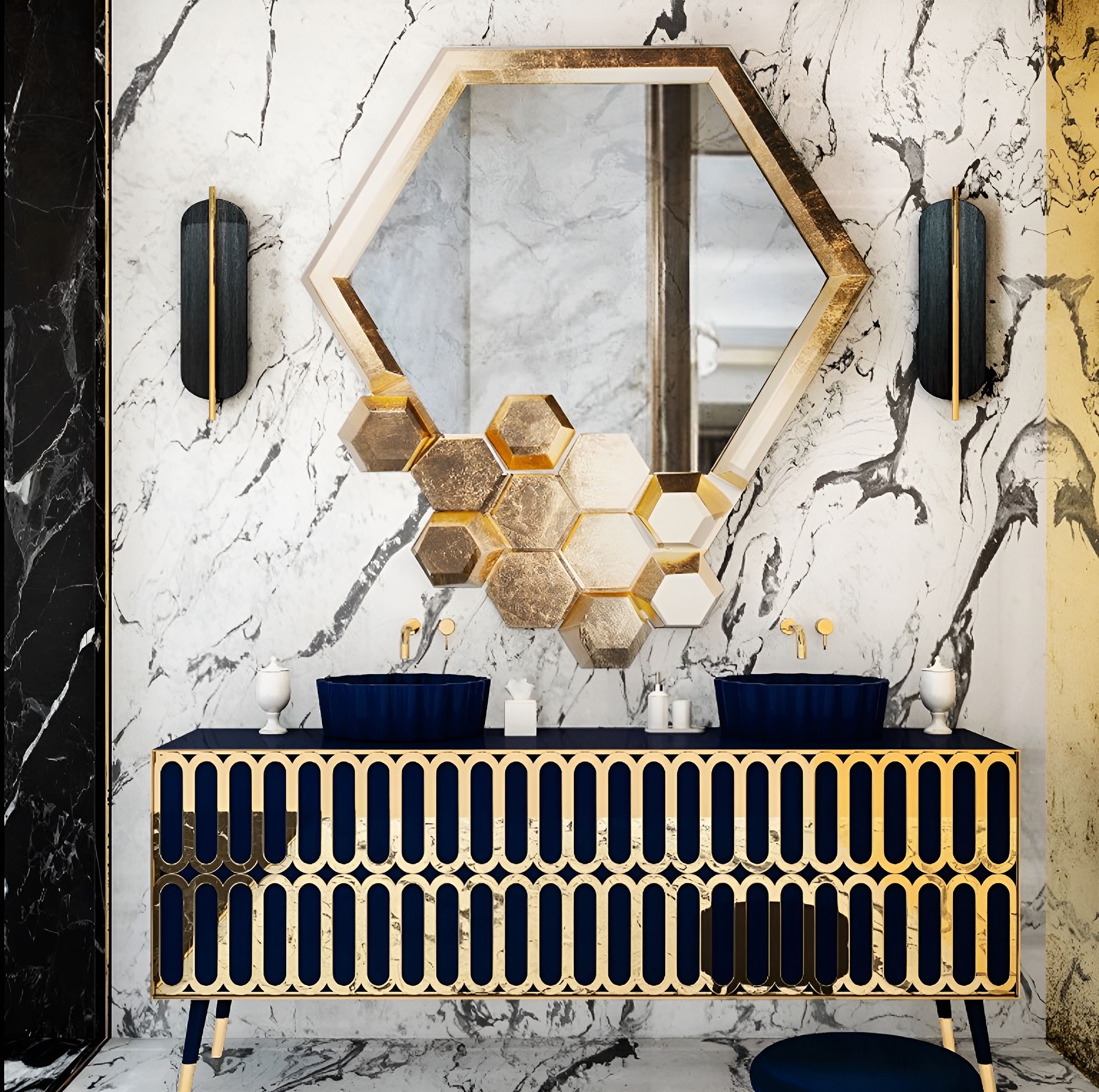 Luxury Honeycomb Wall Mirror with hexagonal gold-leaf frame, decorative designer mirror inspired by nature’s geometry for elegant modern interiors.