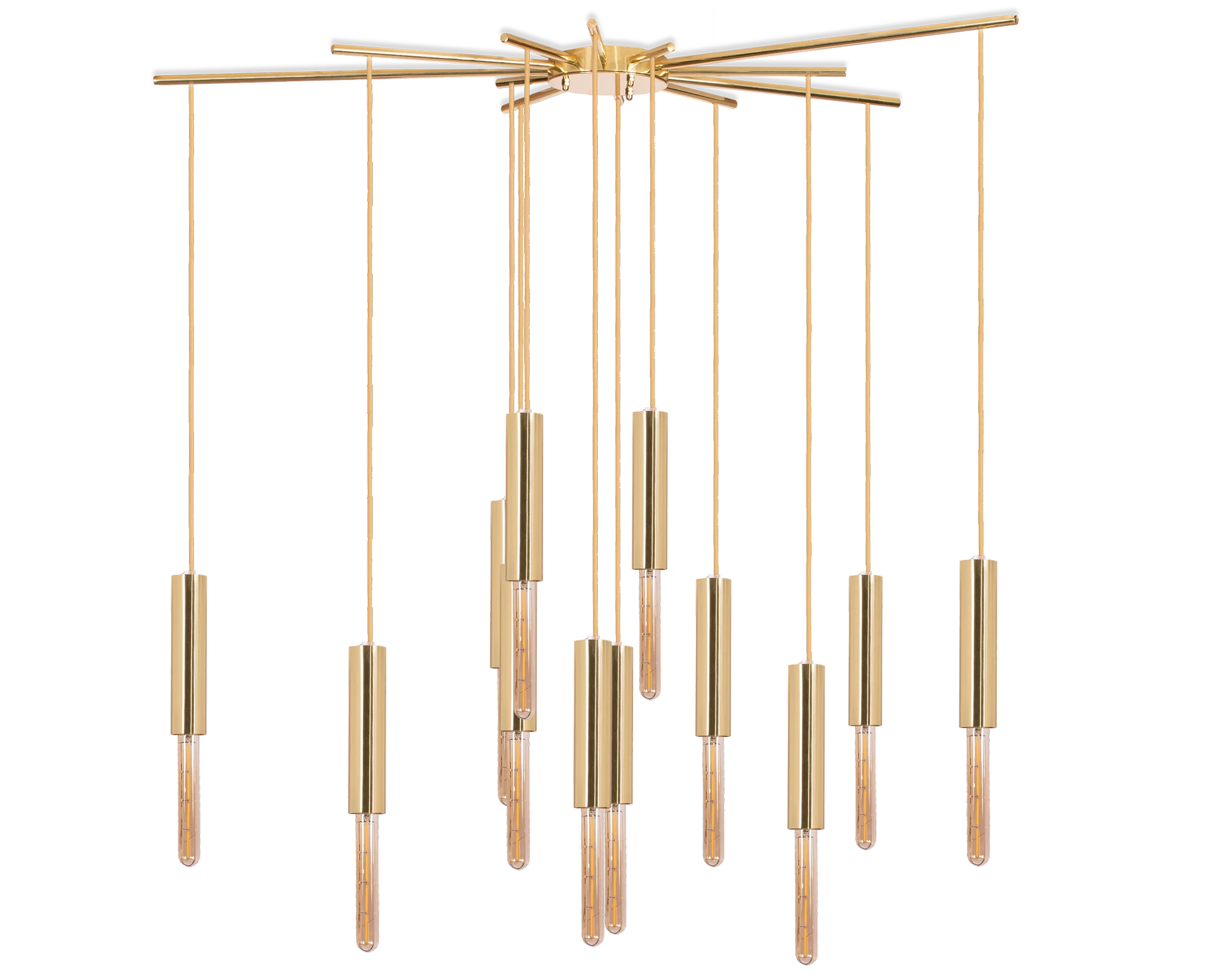 Lightrain Ceiling Lamp with sculptural brass structure, suspended cylinders, and elegant filament bulbs, creating a warm and artistic illumination for luxury interiors.