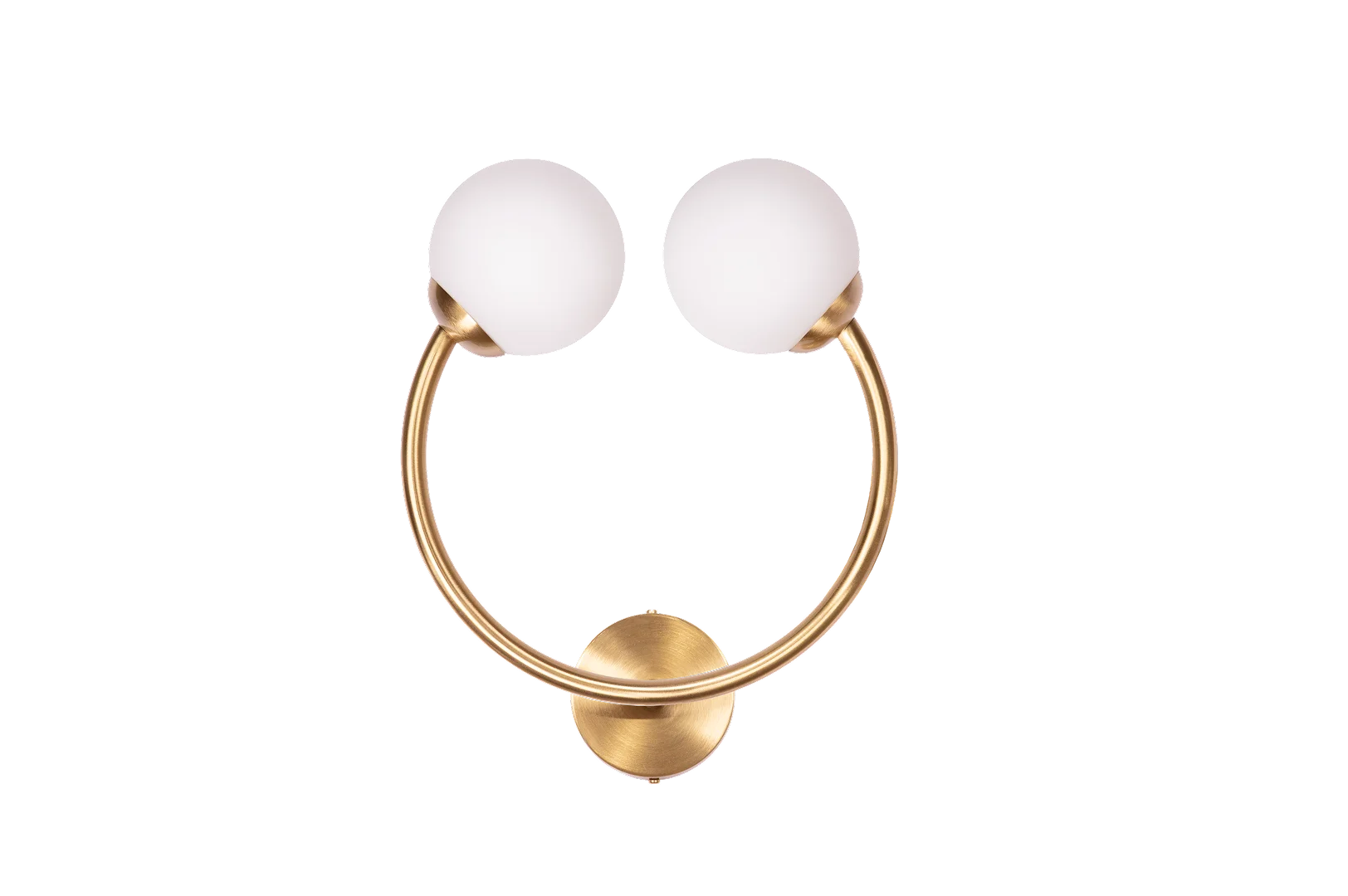 Laura Wall Lamp with crescent-shaped brass design and two upward-facing opal white cylindrical bulbs, elegant lighting for luxury interiors.