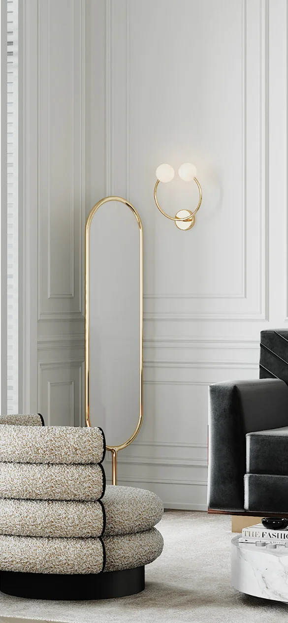 Laura Wall Lamp with crescent-shaped brass design and two upward-facing opal white cylindrical bulbs, elegant lighting for luxury interiors.