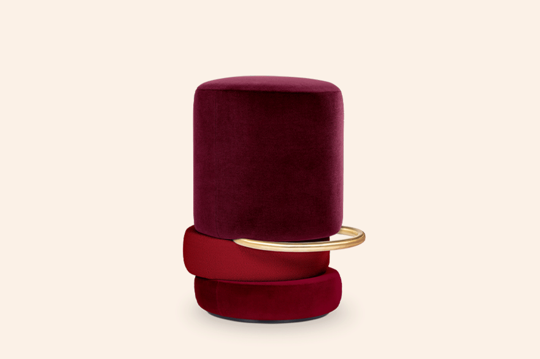 Luxury Lipstick Bar Counter Stool with three upholstered sculptural tiers, brass ring accent, and cylindrical silhouette, ideal for modern interior design and stylish living spaces