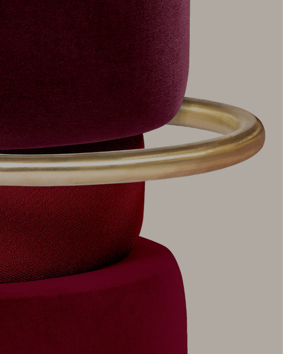 Luxury Lipstick Bar Counter Stool with three upholstered sculptural tiers, brass ring accent, and cylindrical silhouette, ideal for modern interior design and stylish living spaces