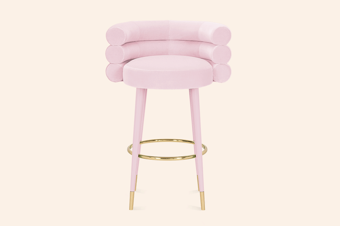 Marshmallow Bar/Counter Stool with three fully upholstered cylindrical rolls, brass cylinder footrest, lacquered or upholstered legs with brass bases, sculptural geometry, tactile comfort, and luxury materials for modern interiors