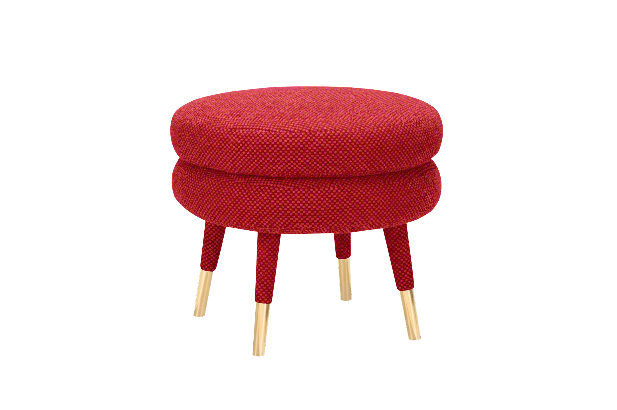 Low Marshmallow Stool with two fully upholstered cylindrical rolls, brass ring accent, and playful sculptural design for modern interiors and luxury living spaces.