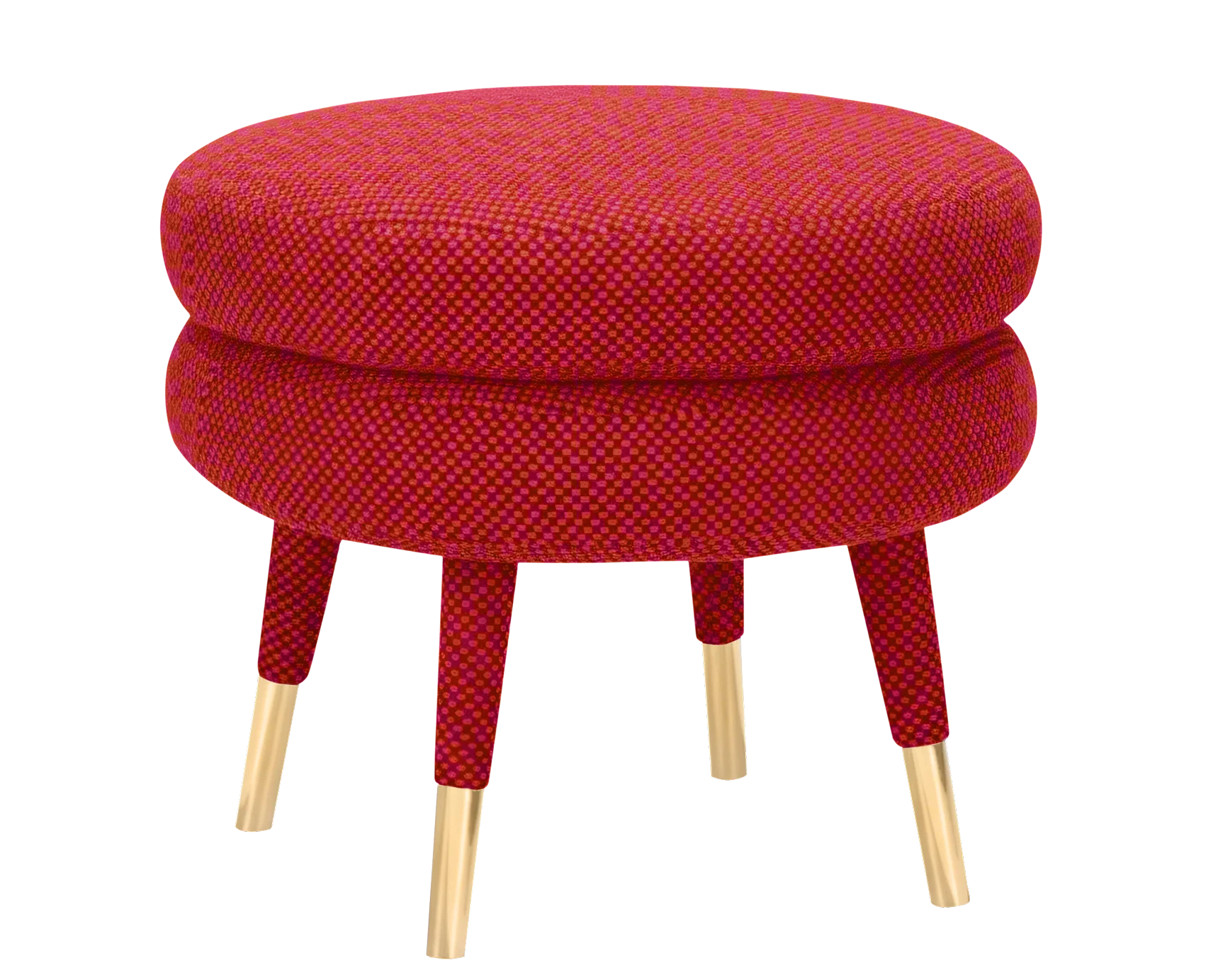 Low Marshmallow Stool with two fully upholstered cylindrical rolls, brass ring accent, and playful sculptural design for modern interiors and luxury living spaces.