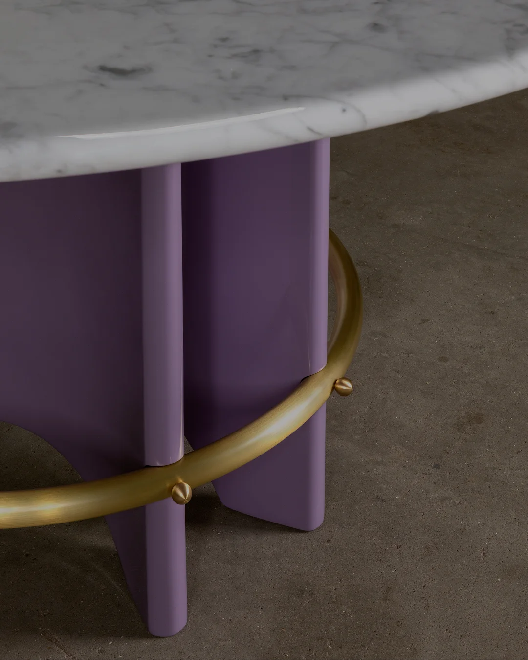 Meyer Dining Table with circular marble top, sculptural lacquered base, brass ring, and exposed screws, handcrafted designer furniture for modern luxury interiors