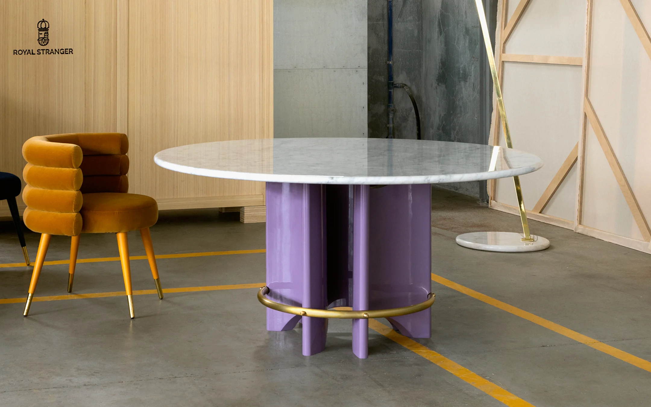 Meyer Dining Table with circular marble top, sculptural lacquered base, brass ring, and exposed screws, handcrafted designer furniture for modern luxury interiors