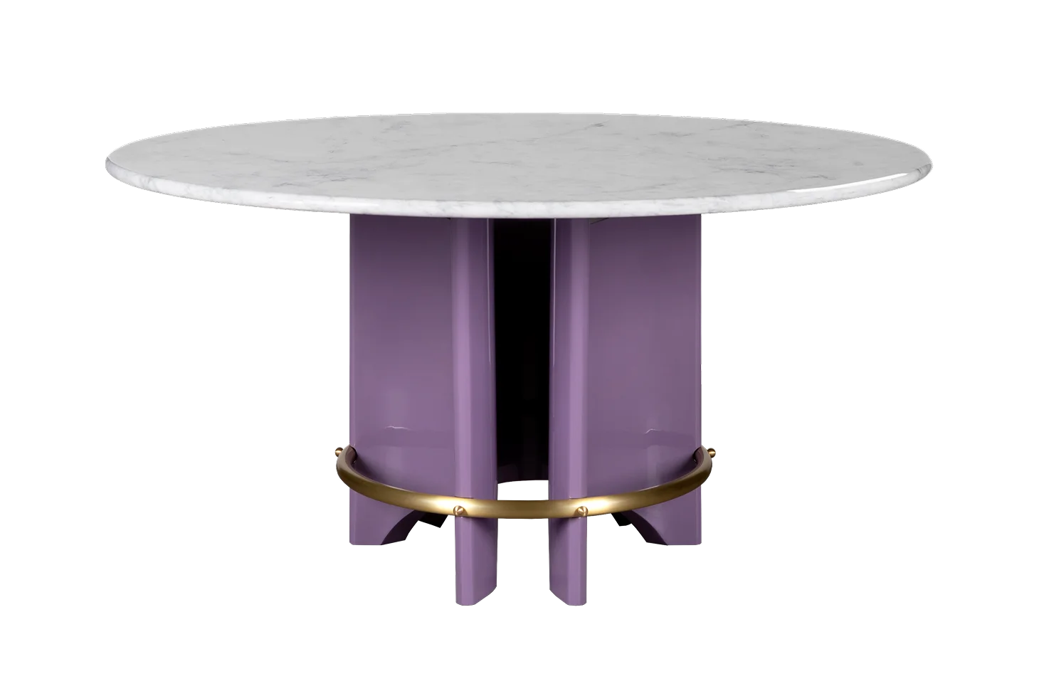 Meyer Dining Table with circular marble top, sculptural lacquered base, brass ring, and exposed screws, handcrafted designer furniture for modern luxury interiors