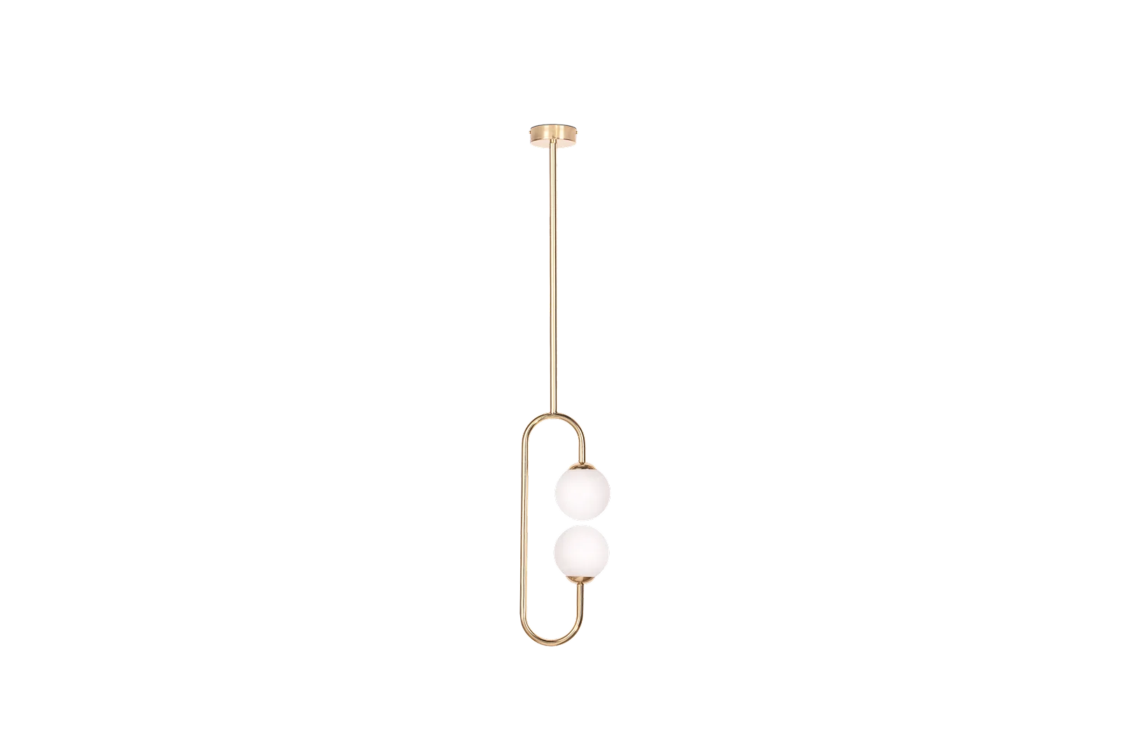 Olivia Ceiling Lamp with cylindrical brass suspension, oval design, and two opal white bulbs providing adjustable, sophisticated lighting for elegant living rooms.