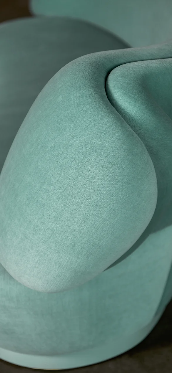 Plump Sofa by Royal Stranger, fully upholstered luxury sofa with flowing curves, sculpted backrest, plush comfort and contemporary elegance for high-end interiors.