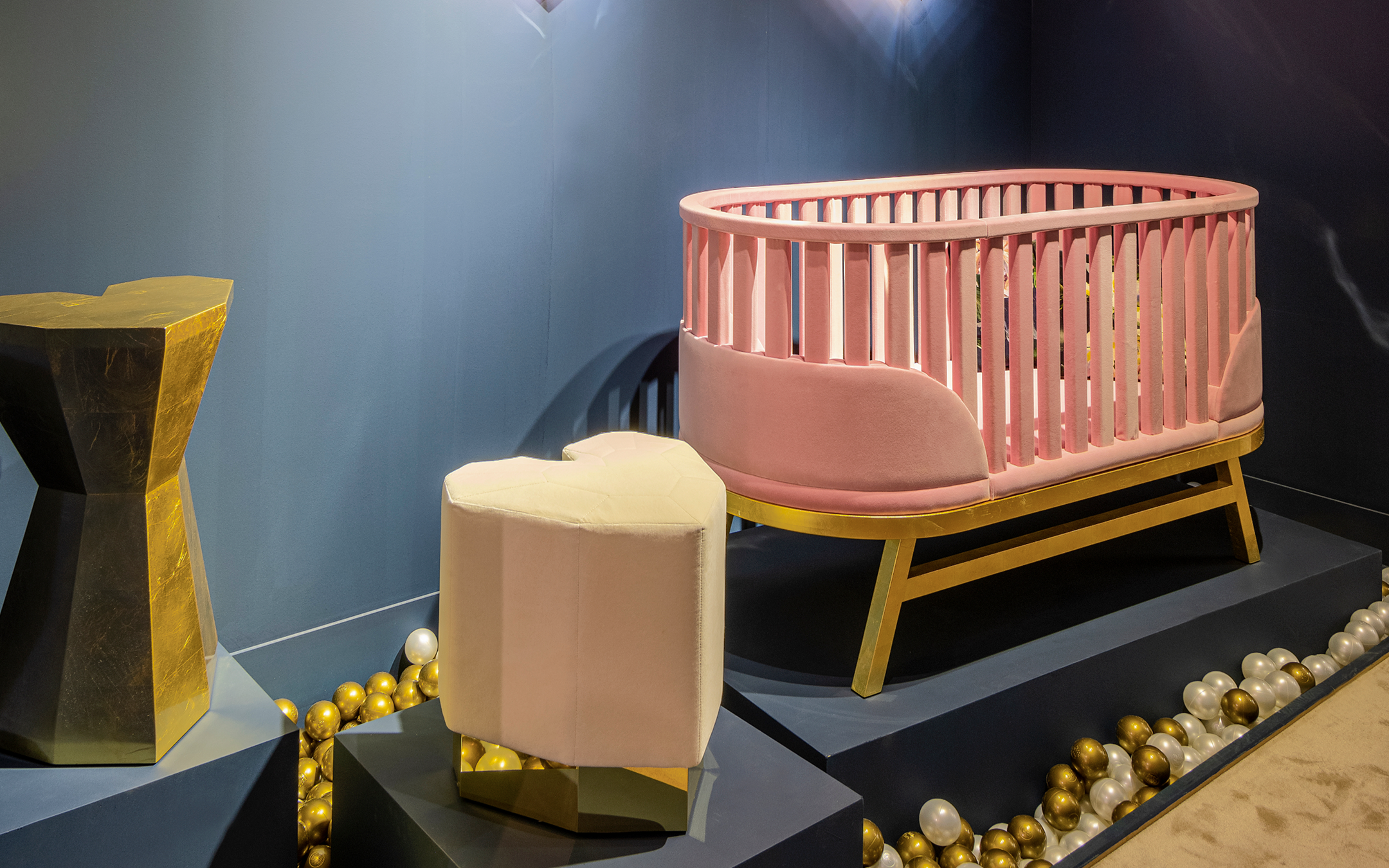 Prince Santi Bed with plush upholstered headboard, gold leaf-finished base, straight fixed legs, and body-adapted mattress, offering luxurious comfort and fairy-tale inspired design for high-end children’s bedrooms