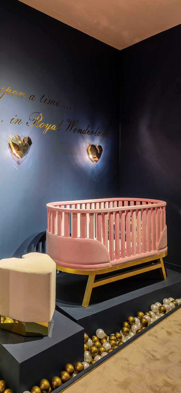 Prince Santi Bed with plush upholstered headboard, gold leaf-finished base, straight fixed legs, and body-adapted mattress, offering luxurious comfort and fairy-tale inspired design for high-end children’s bedrooms