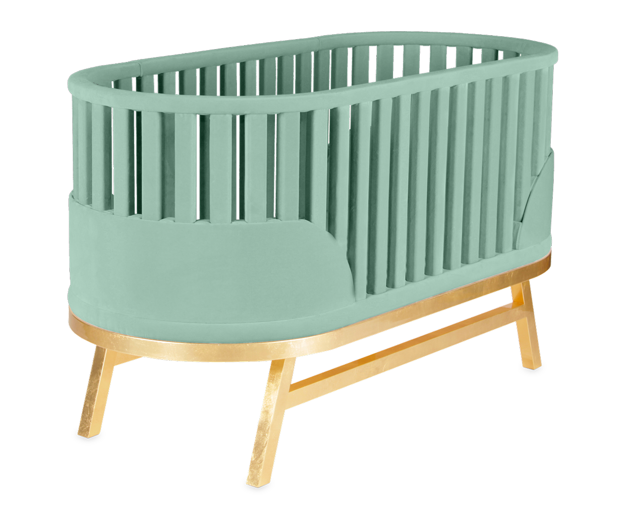 Prince Santi Bed with plush upholstered headboard, gold leaf-finished base, straight fixed legs, and body-adapted mattress, offering luxurious comfort and fairy-tale inspired design for high-end children’s bedrooms