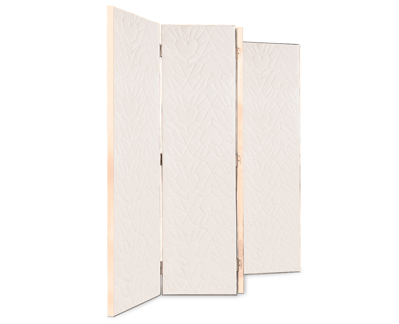 Heart-shaped fabric panels with brass frames create the Queen Heart Folding Screen, a luxury designer room divider combining playful elegance and privacy for modern interiors.
